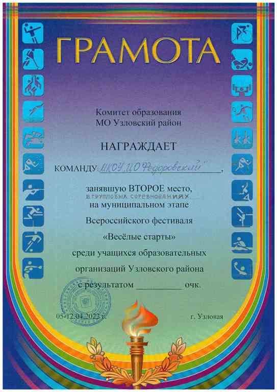 II место в муниципальном этапе Всероссийского фестиваля &quot;Весёлые старты&quot;.